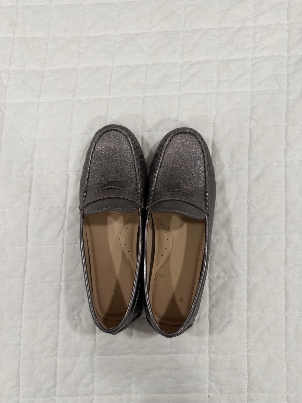 Metallic Gray Slip-On Penny Loafers for Women